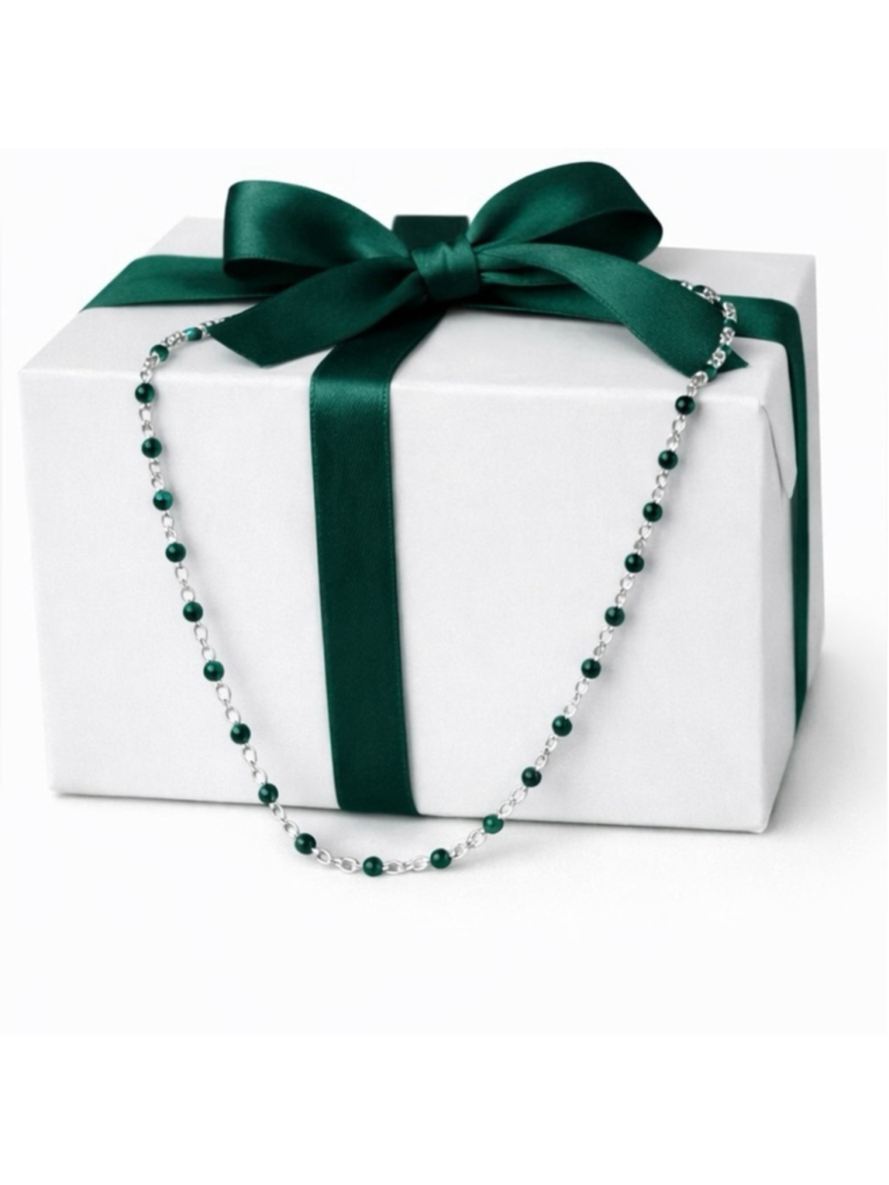 Necklace - 18” Stainless Steel Silver tone Necklace with Green Bead Accents - Picture 3 of 5